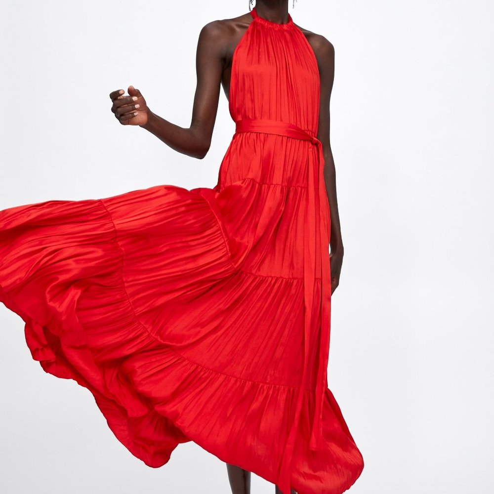 Zara Vibrant Red Halter Top Maxi Dress